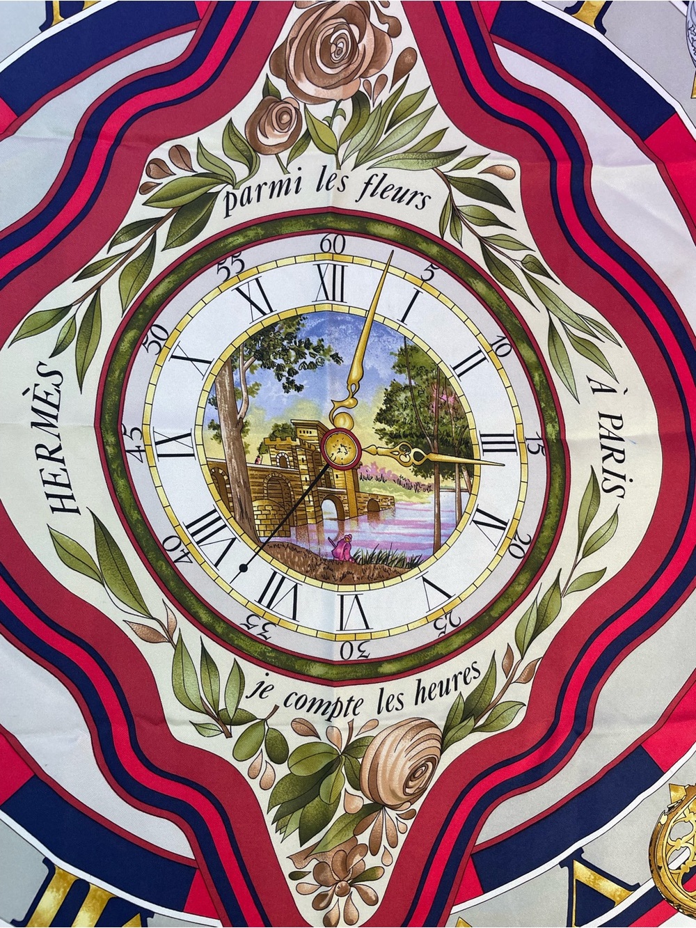 Hermes Multicolor Silk Scarf with Navy, Red, White and Gold Accents - Picture 7 of 16